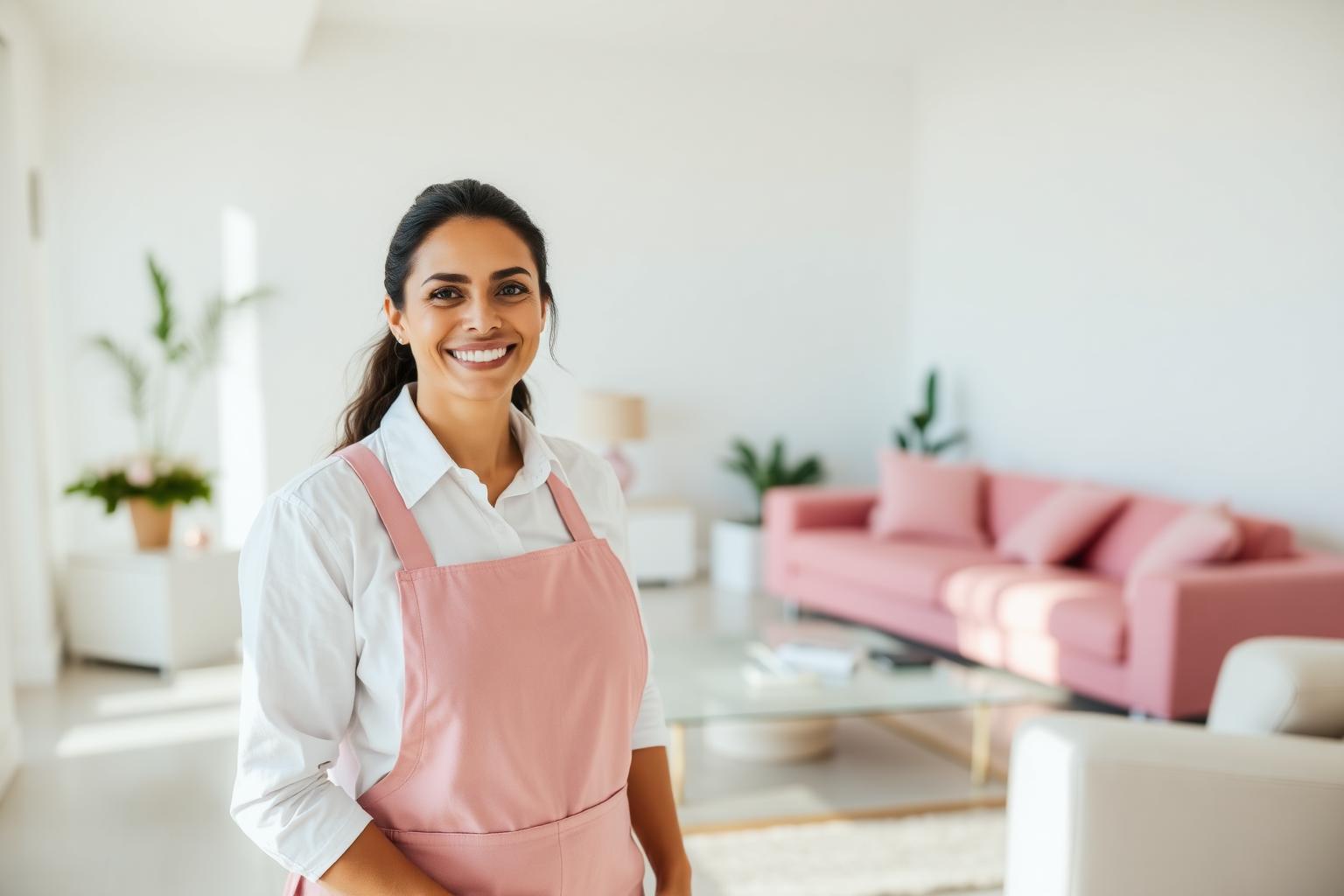 Smiling professional house cleaner in a sparkling Los Angeles living room